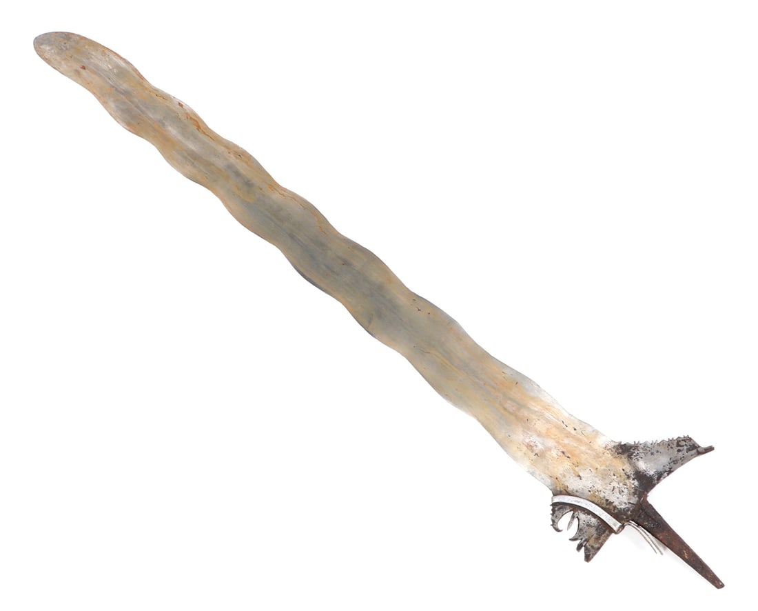 15-Wave Moro Kris Sword Blade: Philippines Archipelagos, Moro kris sword blade with 15-wave blade and silver asang clasp. Double edge multi-wave blade in laminated steel with typical pierced and chiseled ricasso section featuring