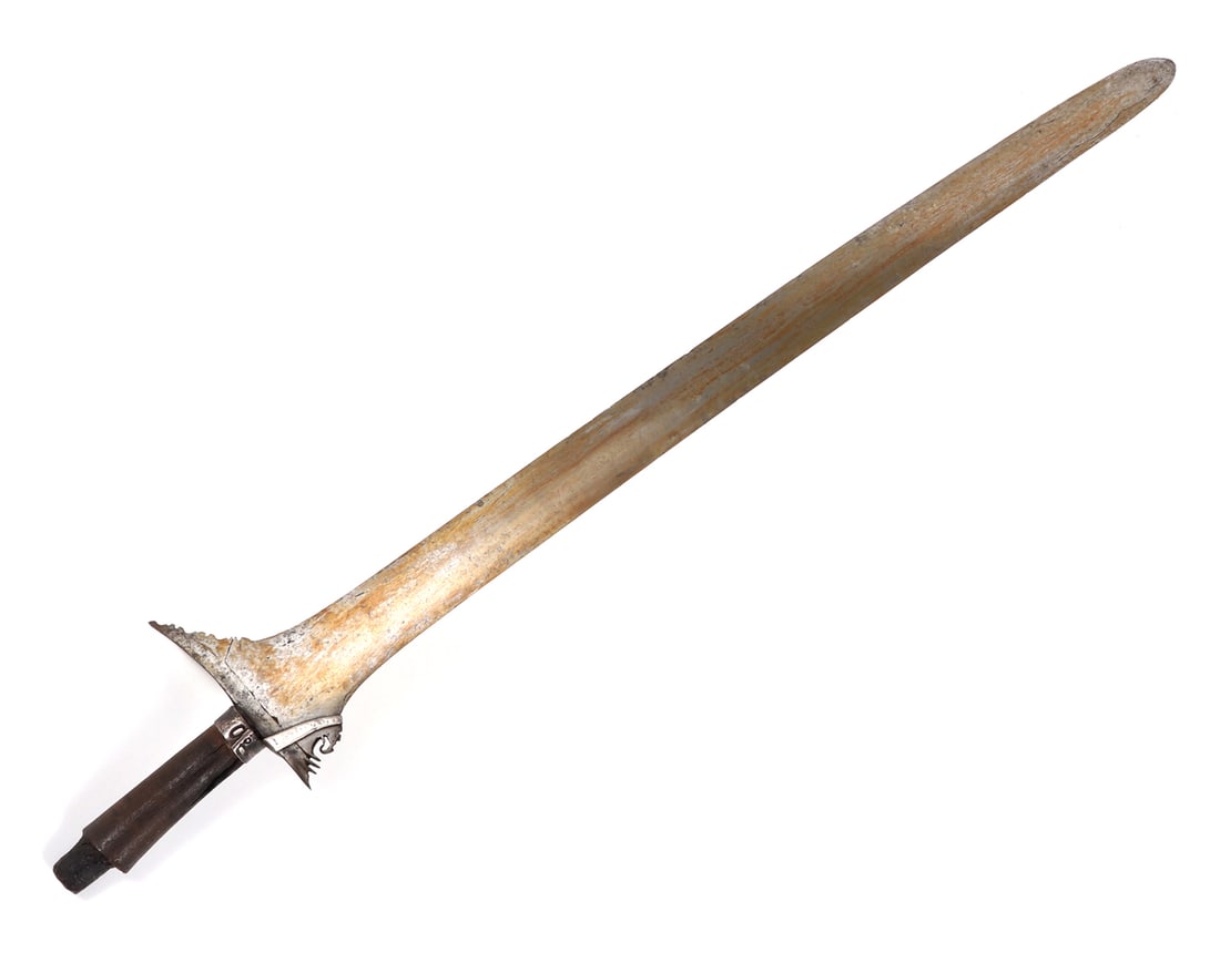 Philippines Moro Kris Sword: Philippines Archipelagos, Moro kris sword with straight double edge blade. Straight laminated steel double edged blade with typical pierced and chiseled top section including a single silver clamp. Lo