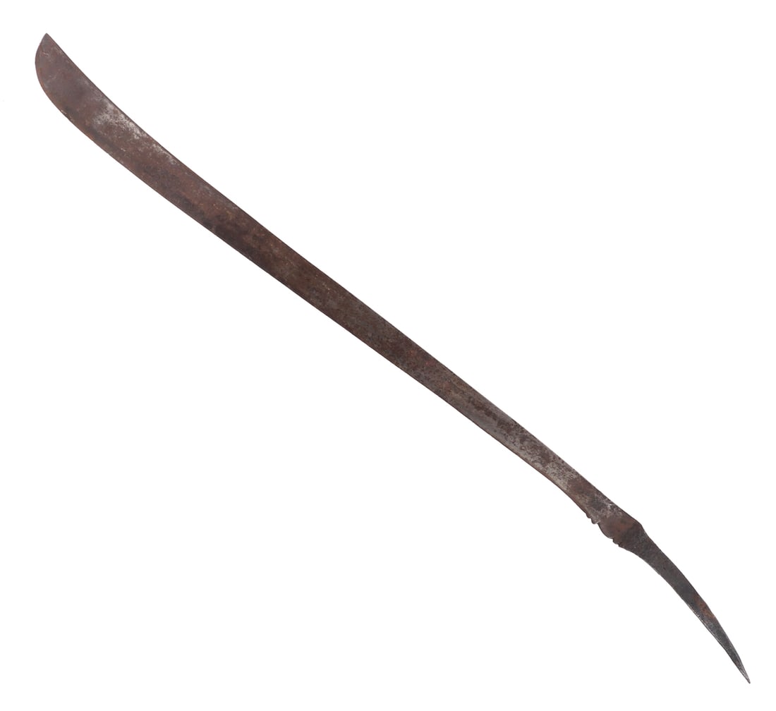 Slender Minasbad Sword Blade, Late 18th - 19th c.: Philippines Archipelagos, Southern Luzon, Bicol Region, rare minasbad sword blade in slender profile, late 18th or early 19th century. Slightly recurved single edge blade with wide tip section. Light