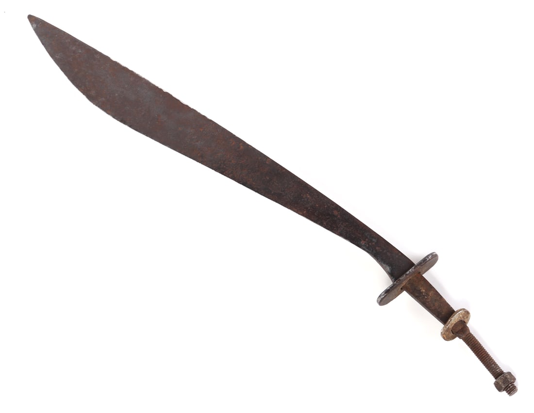 Visayan Sword Blade, circa 1900s: Philippines Archipelagos, Visayan tenegre sword blade with partial guard, circa 1900s. Single edge curved blade with pointed tip for thrusting. Handle with a single guard sleeve and two additional sle