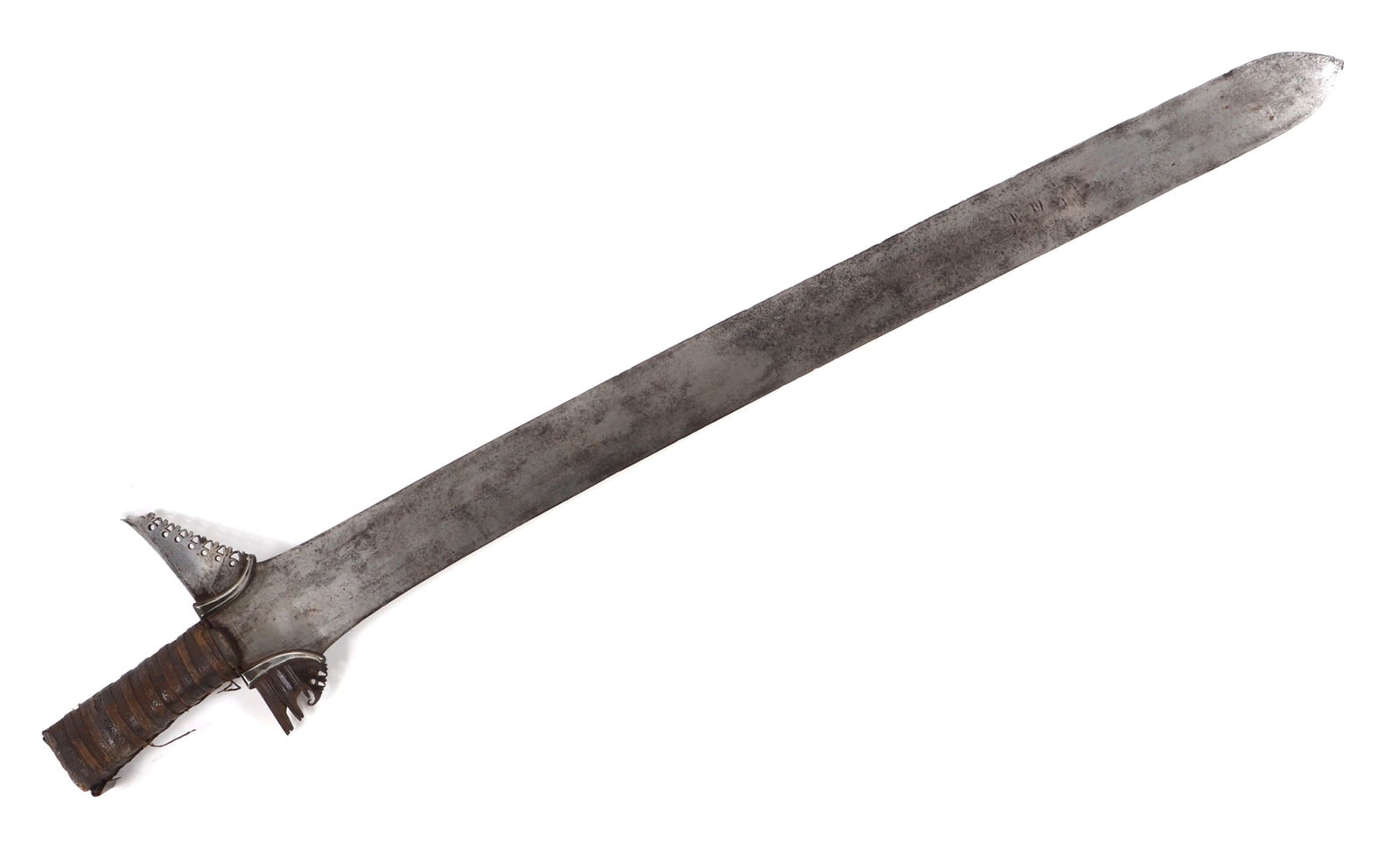 Moro (Maranao) Kris Sword: Philippines Archipelagos, Maranao Kris sword with double edge straight blade first quarter of the 20th century circa 1900-1925. Elephant trunk pierced protrusions other ricasso area with two silver