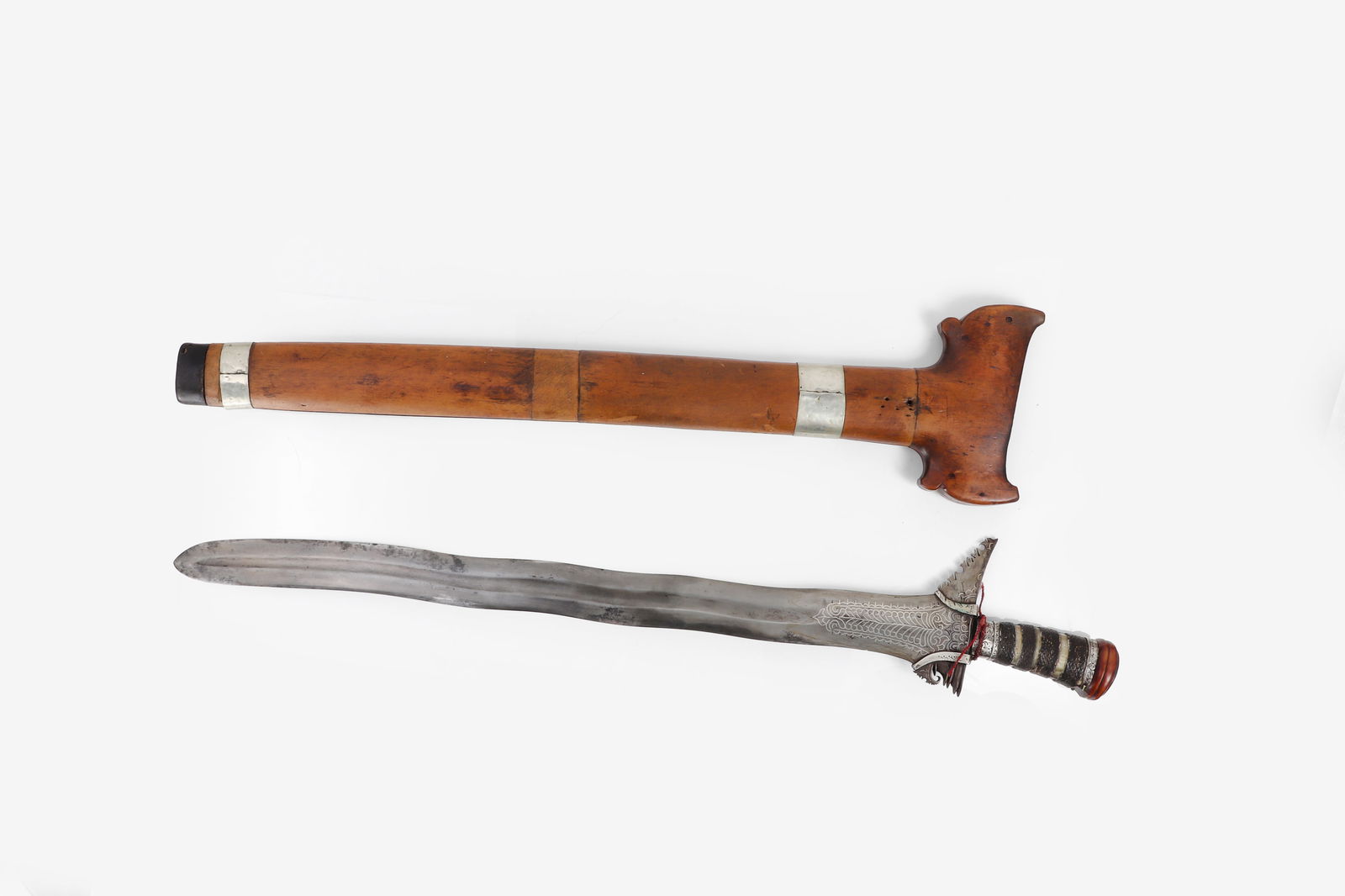 Fine Silver Moro Kris Sword, 19th - 20th C.: Philippines, Moro, probably Sulu Kalis late 19th - early 20th century. Very fine Moro kris sword with asang asang in silver and profusely inlaid in silver to the blade with a gently curved wavy