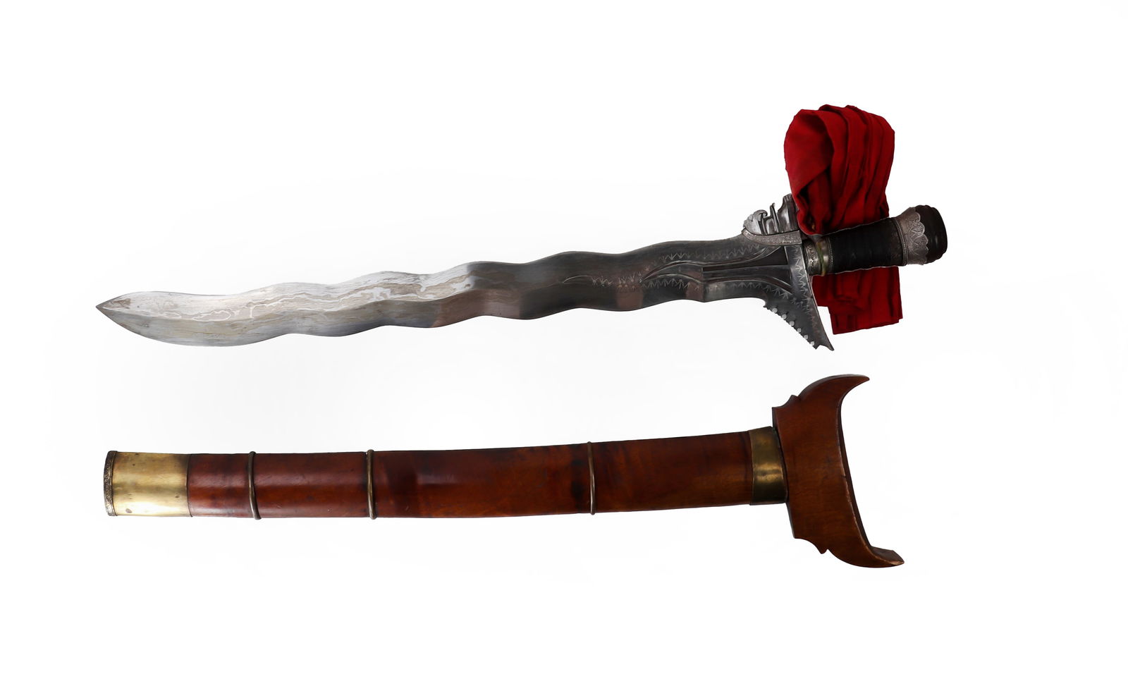 Superb Massive Moro Kris w/ Silver Inlay: Superb Moro Kris with massive wide blade with silver inlaid patterns throughout, Probably Late 19th - Early 20th century. Excellent lamination forging round pommel. Large round pommel with engraved