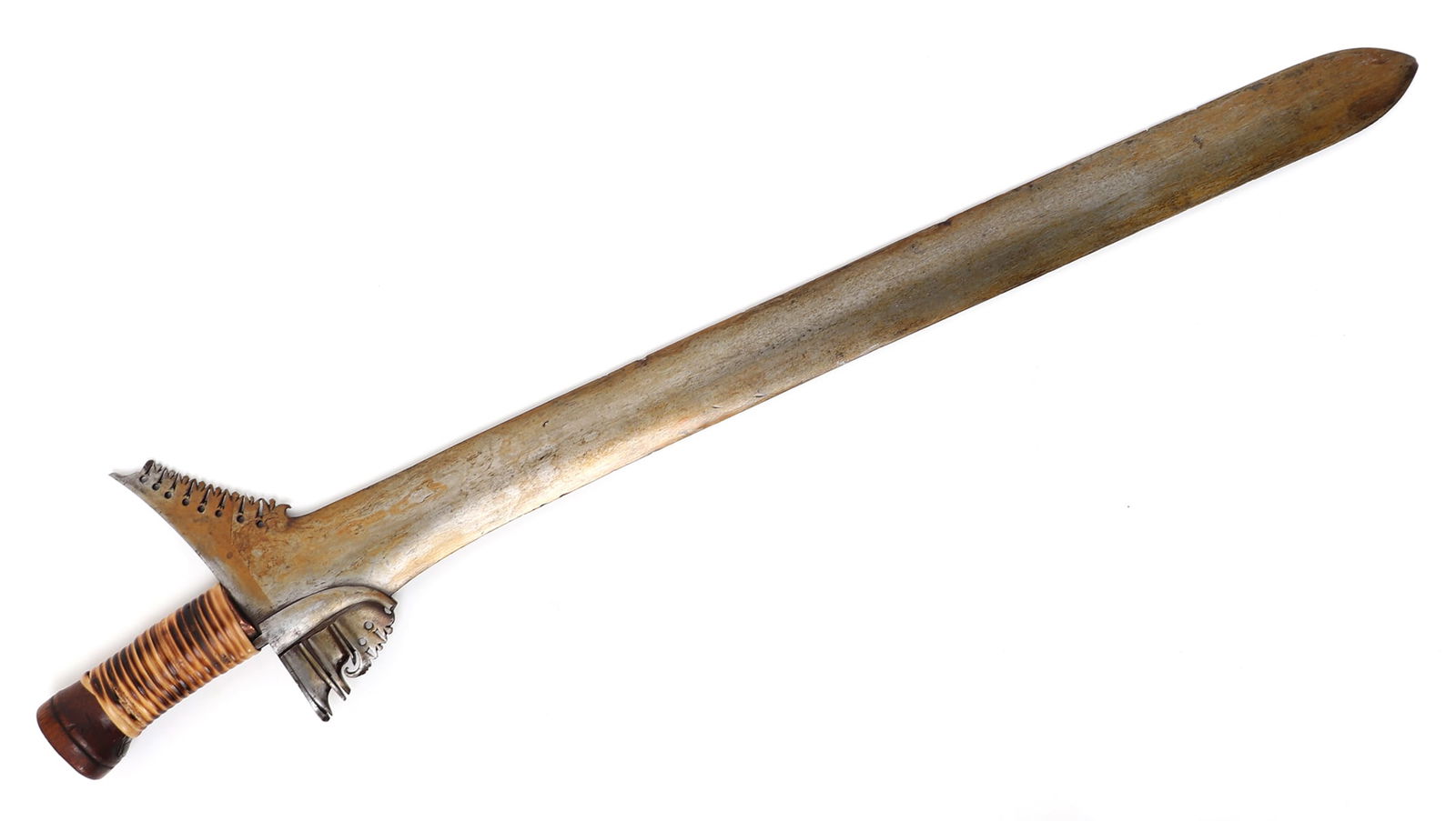 Moro Kris Sword, Circa 1900-1925: Southeast Asia, Philippines Archipelagos, Moro kris straight blade sword circa 1900-1925. Double edge straight blade in laminated streel with a iron asang. Ricasso protrusion with a pierced openwork