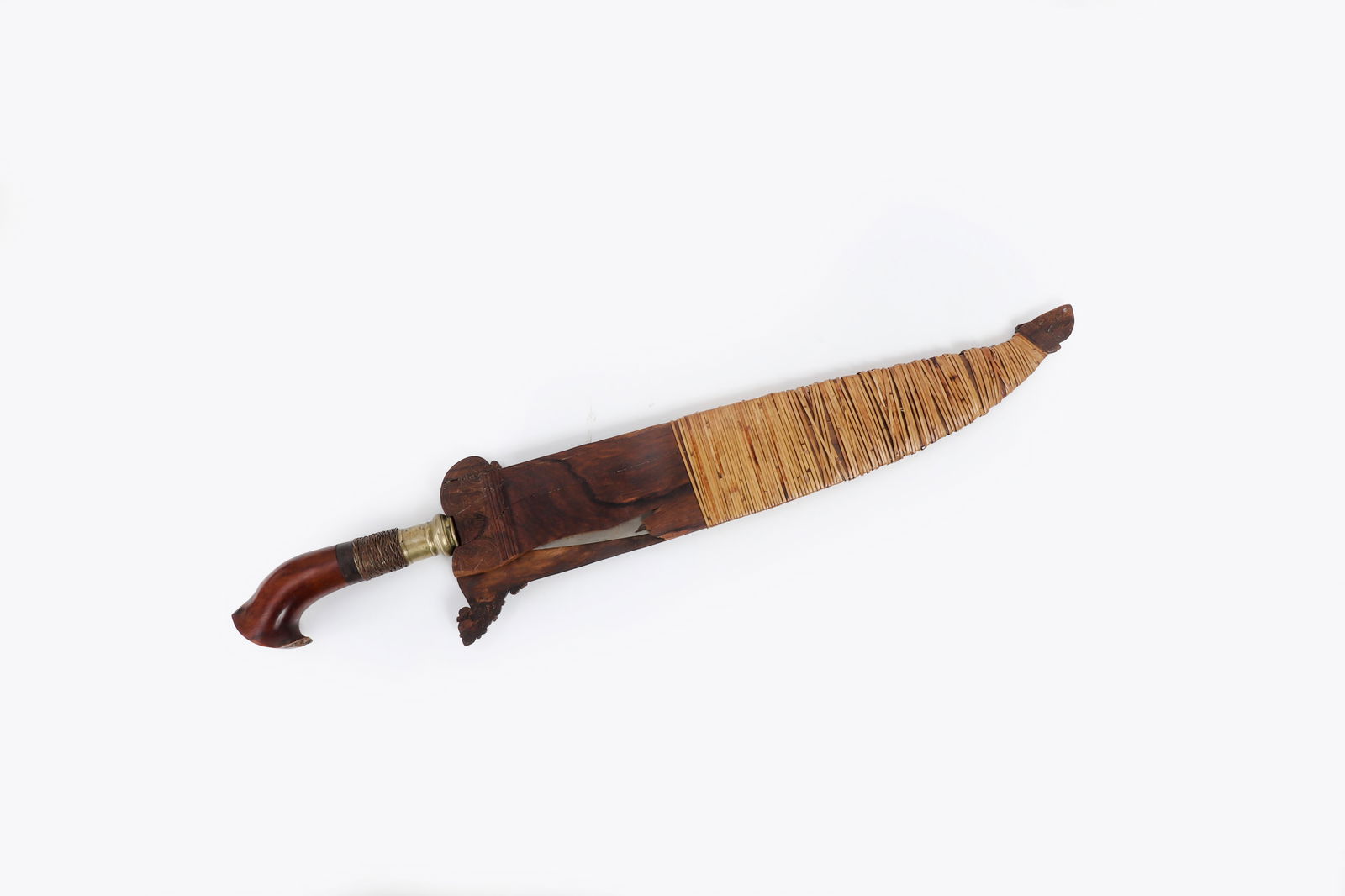 Rare Moro Barong, Late 19th C.: Philippines, Moro peoples, Fine and complete barong, 19th century. Wood, carabao horn, and braided copper wire grip / pommel. The base of the grip with a nickel fitting. Overall length 25"