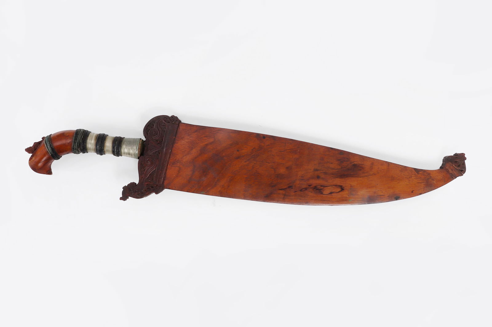 Huge Rare Moro Barong & Scabbard: Excellent very large example of a quality Moro Barong with scabbard, 19th century. Single edge blade with very thick spine in classic tear drop form. Grip with bands of high nickel steel and resin sea