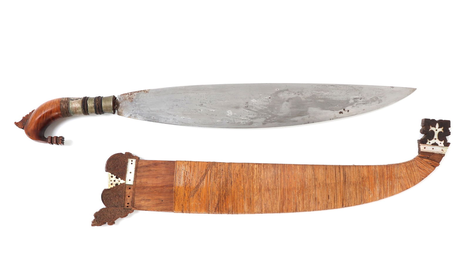 Philippine Moro Barong Sword w/ Scabbard: Large example of a Filipino Moro barong sword with mother of pearl inlaid wood scabbard. Impressive 1/4" thick leaf shaped blade with single edge. Handle with bands of brass separated by ribs of woven