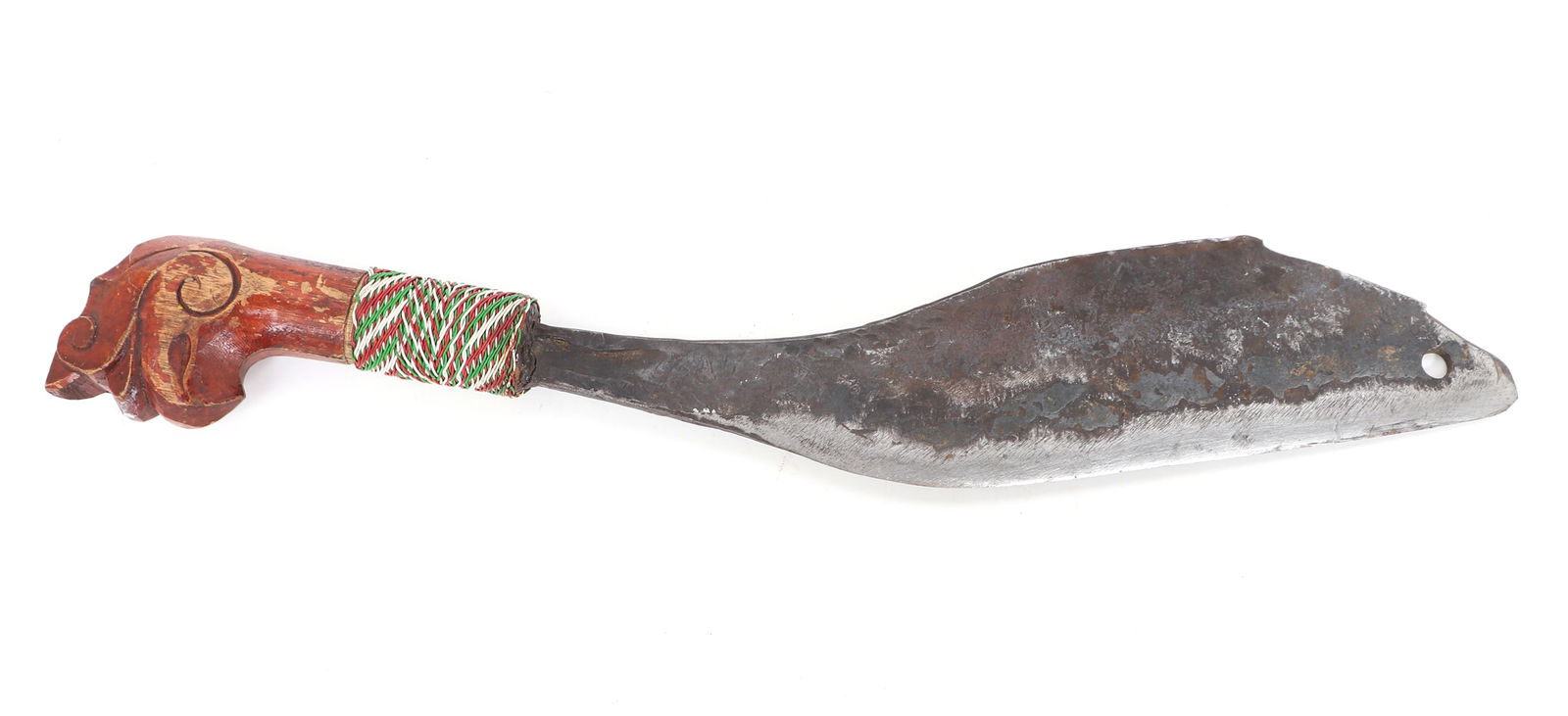 Unusual Philippines or Malay Axe: Unusual Indonesian, likely Philippines, axe sword with a zoomorphic head handle in patinated light colored wood. Grip with a contemporary wrapped red, green and white coated wire. Single edge blade