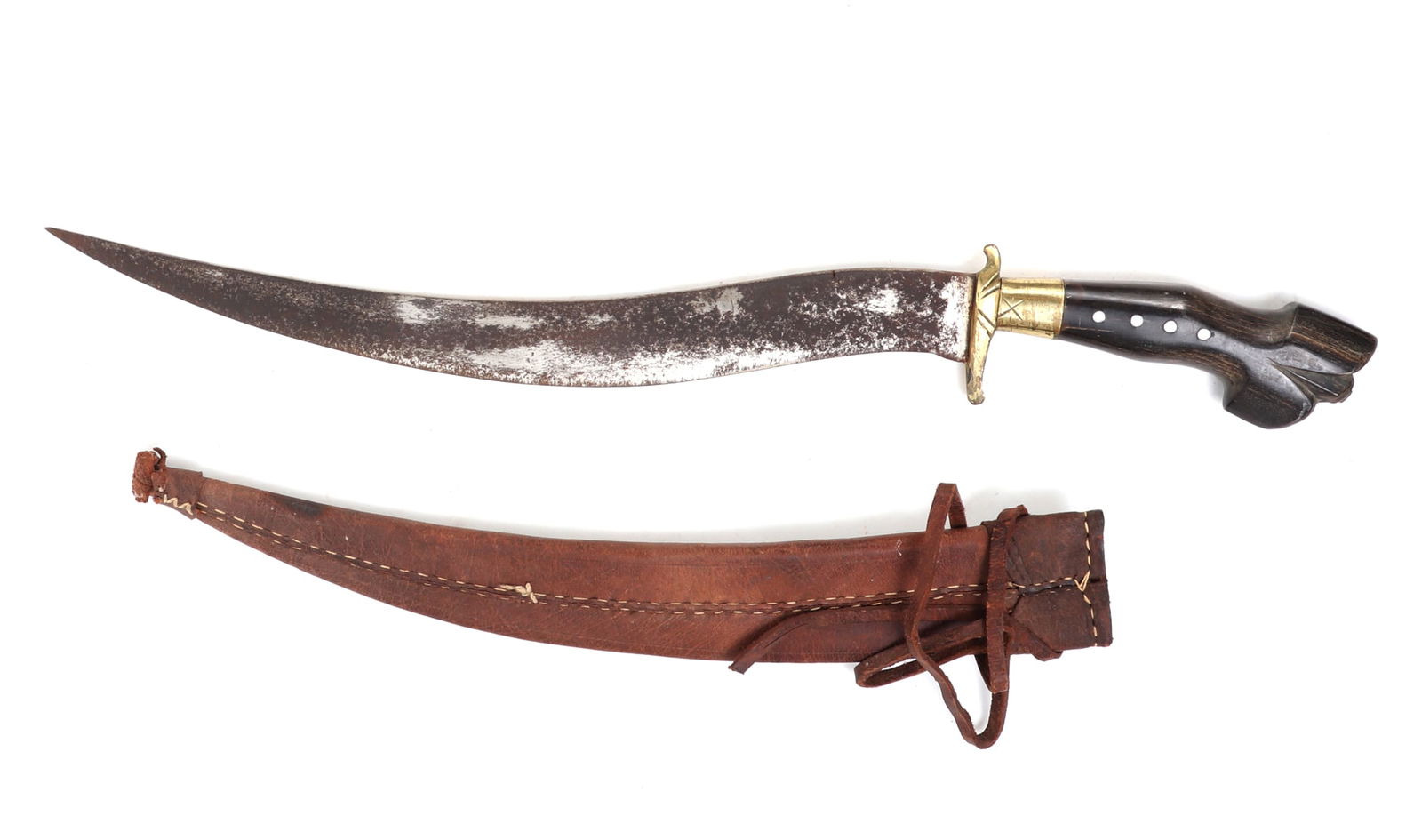 Philippines Negrito Bolo Sword & Sheath: Philippines Archipelagos, Moro negrito bolo sword with leather sheath. Slender single edge curved blade with sharply pointed tip. Gilt brass guard and lower fitting with light engraved patterns. Handl