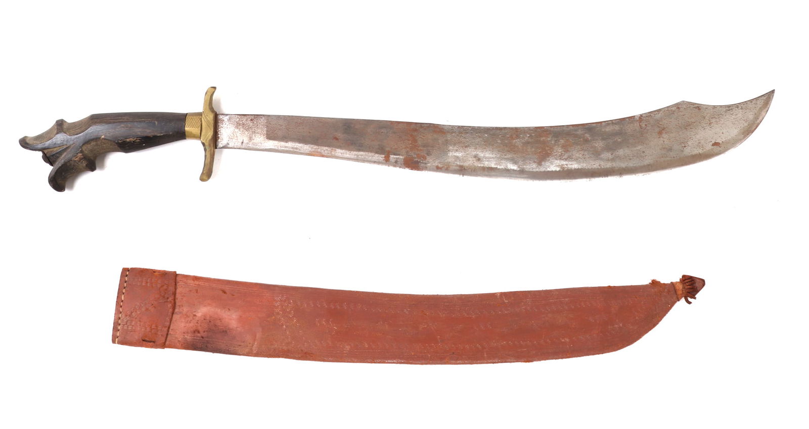 Enormous Negrito Simitar Bolo Sword, circa 1960-70s: Philippines Archipelagos, enormous negrito bolo sword with simitar bolo sword with scabbard. Circa 1960-70s. Wide and curved blade with doubled edged pointed and curved tip. Brass opposing quillion. C