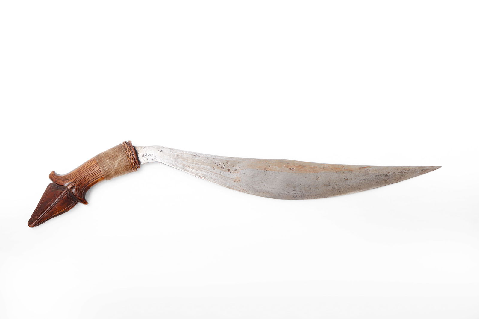 Visayan Samar Talibong sword: Philippines, Visayan Samar Talibong sword with fine carved wood handle and twisted hemp cord. Rattan braided wrapping to base of grip. Very thick single edge "Garab" blade with excellent signs of age.