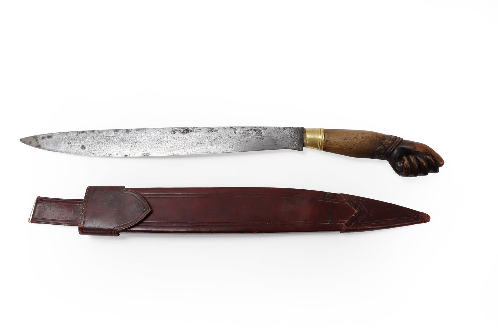 Early Philippines Bolo Sword & Scabbard: Philippines, probably Visayan, Late 19th - Early 20th century. Excellent and large bolo short sword with later tooled leather sheath. Hand forged blade with a broad single edge and wide belly. Carabao