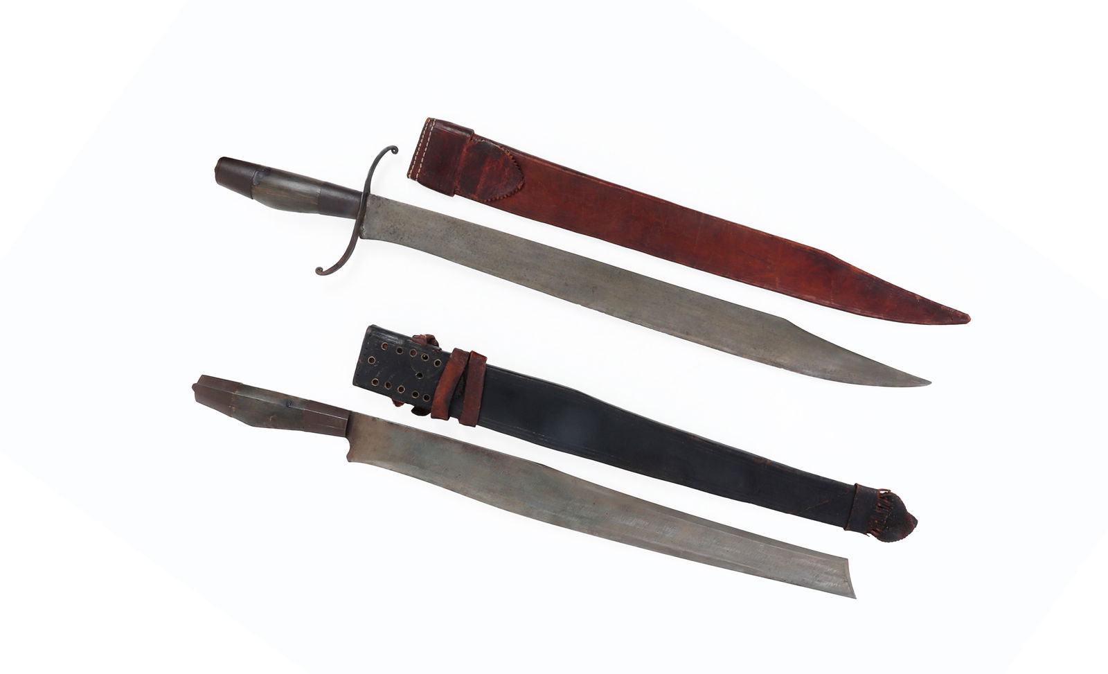 Pair of Huge Luzon Swords & Sheaths: Great set of two massive Luzon Matulis sword with sheaths, circa Philippines Revolution 1890s. Largest 28" overall. Each with carabao horn grips and steel mounts. Larger with S-Shaped guard in iron