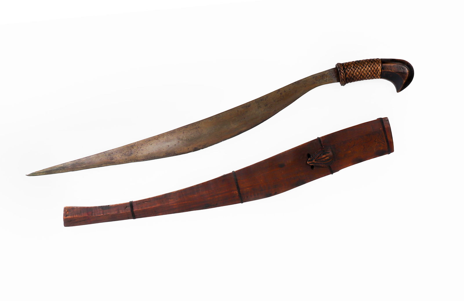 Very Rare Talibong Garab Sword & Scabbard: Talibong Garab with great tattooed scabbard, single edged blade with engraved (P.I.) for Philippine Islands. Handle finely wrapped in rattan. Probably Insurrection period a rare and fine example