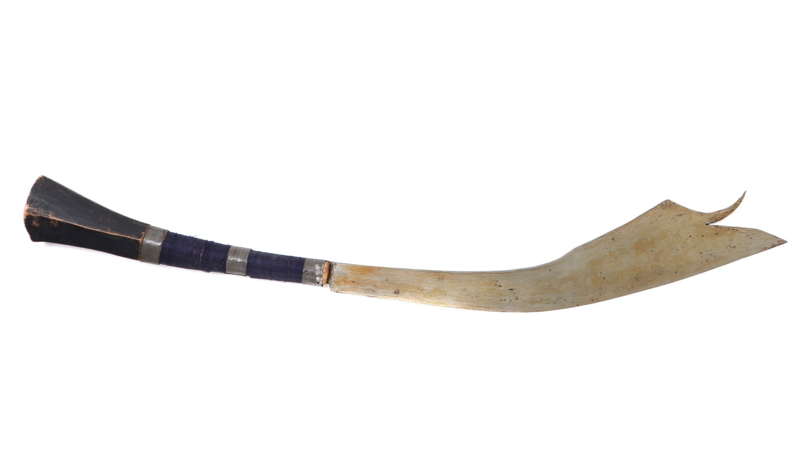 Philippines Moro Panabas Sword: Filipino hand forged Moro Panabas sword. Long, broad single edged blade with slight curve, 1/4" thick spine and protruding piercing spike. Hilt secured with three metal rings and blue dyed fiber wrap