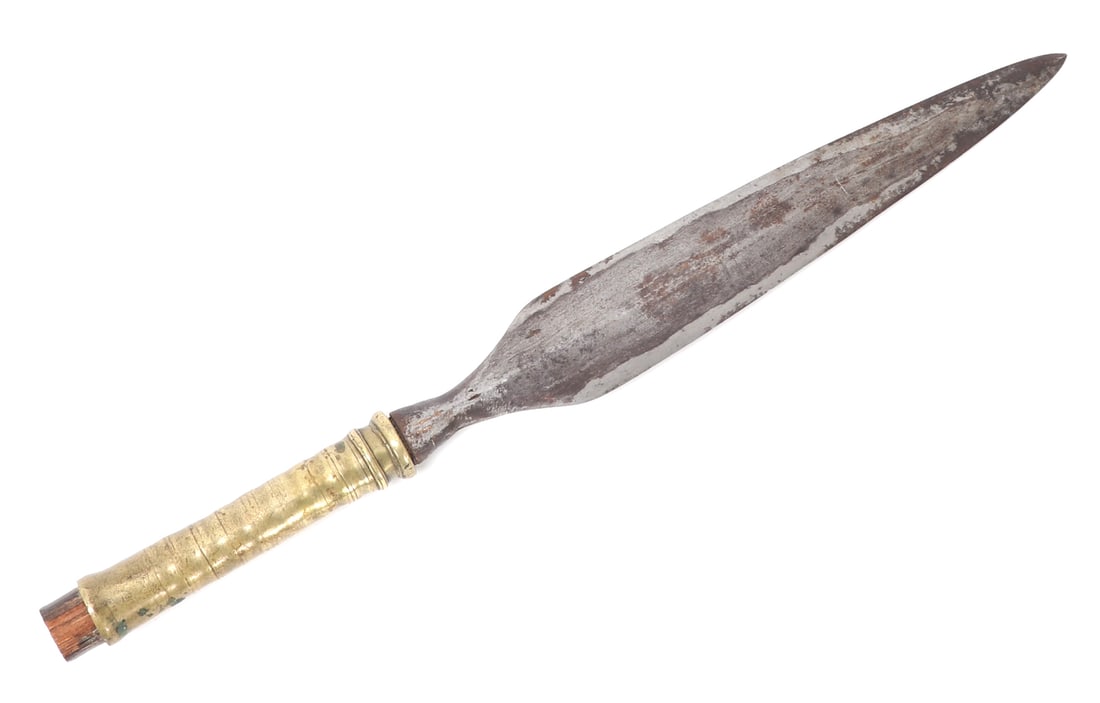 Philippines Moro Spear: Philippines Moro double edged spear head with brass sleeve. Brass sleeve ribbed down the length. Size 17 3/4" L overall, blade 11 7/8" L