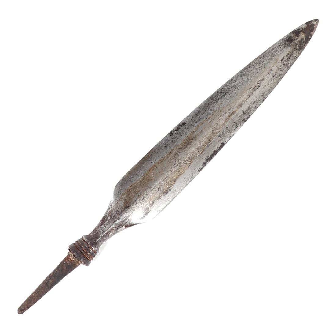 Moro Spear Head, Philippines 19th c.: Moro probably Mindanao 19th century spearhead hand forged with a short tang and turned steel decoration to the base of a double edge long blade. Raised medial ridge is gentile and tapers flat towards