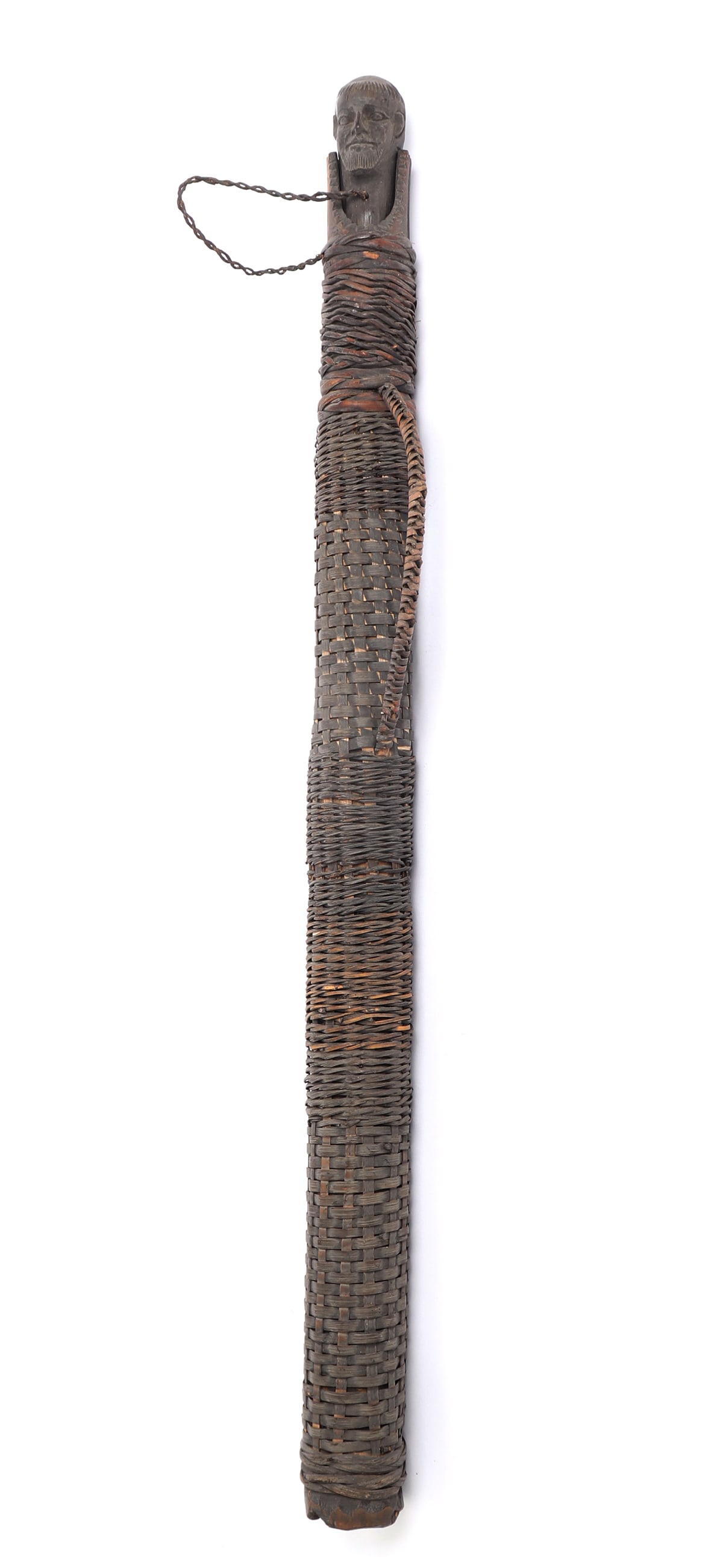 Philippines Long Arrow Quiver, Bamboo & Rattan: Late 19th century to mid-20th cenutry, exquisite braided rattan covering bamboo, long arrow Filipino quiver. Hand carved bung shaped like a wise mans head, with incised almond shaped eyes, triangular