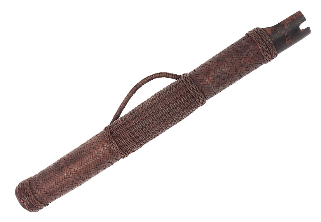 Intricately Braided Rattan Wrapped Bamboo Quiver, 20th Century: Incredibly detailed late 19th to 20th century bamboo long arrow quiver with rattan braided handle. The entire body of the bamboo quiver is covered in various braided rattan in both traditional and