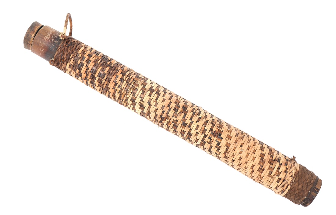 Philippines Long Arrow Quiver: Filipino bamboo quiver with interlaced and braided rattan throughout. Handle for carrying and lid to secure arrows during travel. Fine patina throughout the bamboo can be seen in exposed areas, with