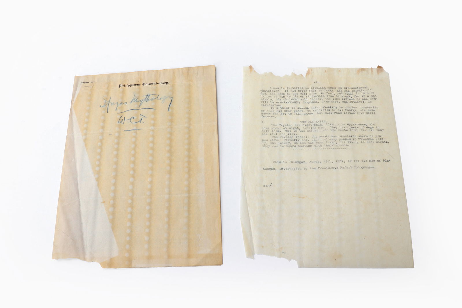 Important "Ifugao Mythology" Philippine Constabulary Documents, Aug 28th 1907 (1 of 10)