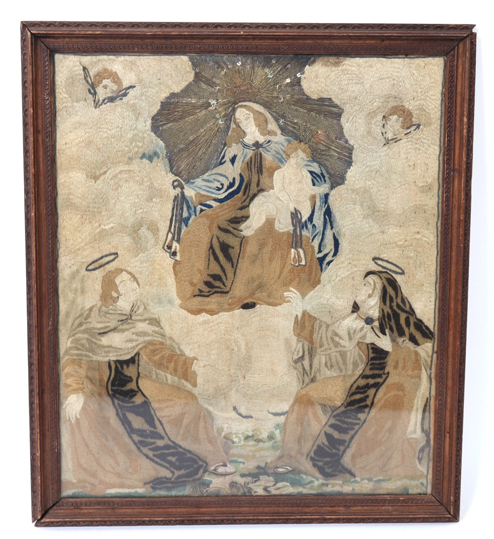 Spanish Madonna & Child in Silk & Gilt Metal Thread, 18th c.: Iberian Peninsula, Spanish or Colonial period 18th century depiction in silk and gilt metal thread of the crowned Madonna & Child in heaven. The mother with an audience of angel saints and putti.