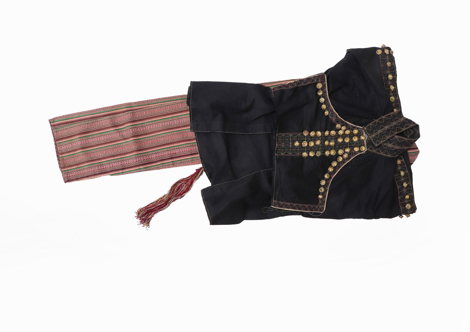 Silk Yakan Tribe Garment set, Early 20th C.: Excellent condition Yakan ceremonial tribal garment set, turn of the 20th century. Fine cotton shirt in dark black color and beautiful gilt brass button bells embossed with floral motifs red, green,