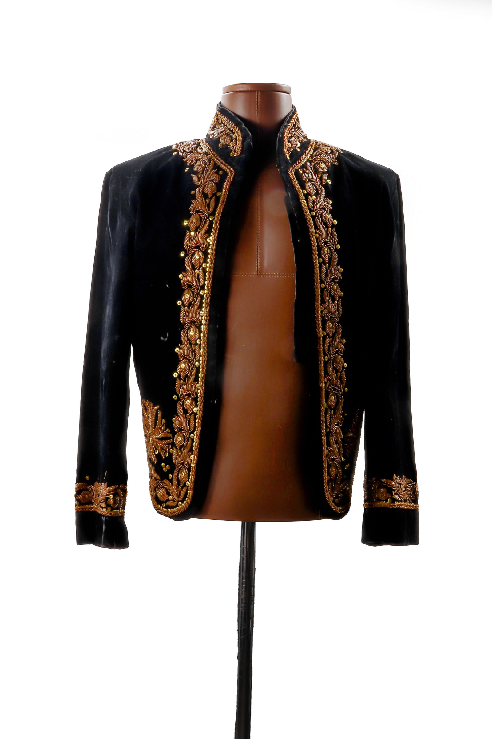 Philippine Sultan's Velvet Jacket, Circa 1930-50: Fantastic Philippine Sultans jacket in velvet with gold embroidery and sequence, circa 1930-50's. Wonderful example of Spanish influence with striking similarity to 18th century Spanish dress and