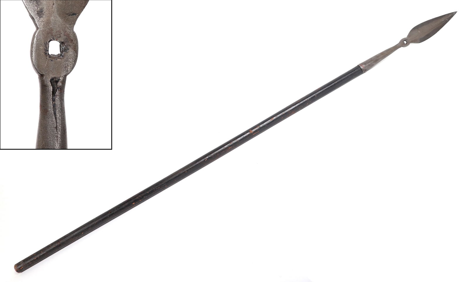 Spanish Colonial Boar Spear Polearm, 17th C.: Scarce Spanish Colonial Polearm, 17th century. Pierced with possible wheel lock tool hole or an opening for a bar to prevent a boar from ruining the spear. During boar hunts a wild boar will run