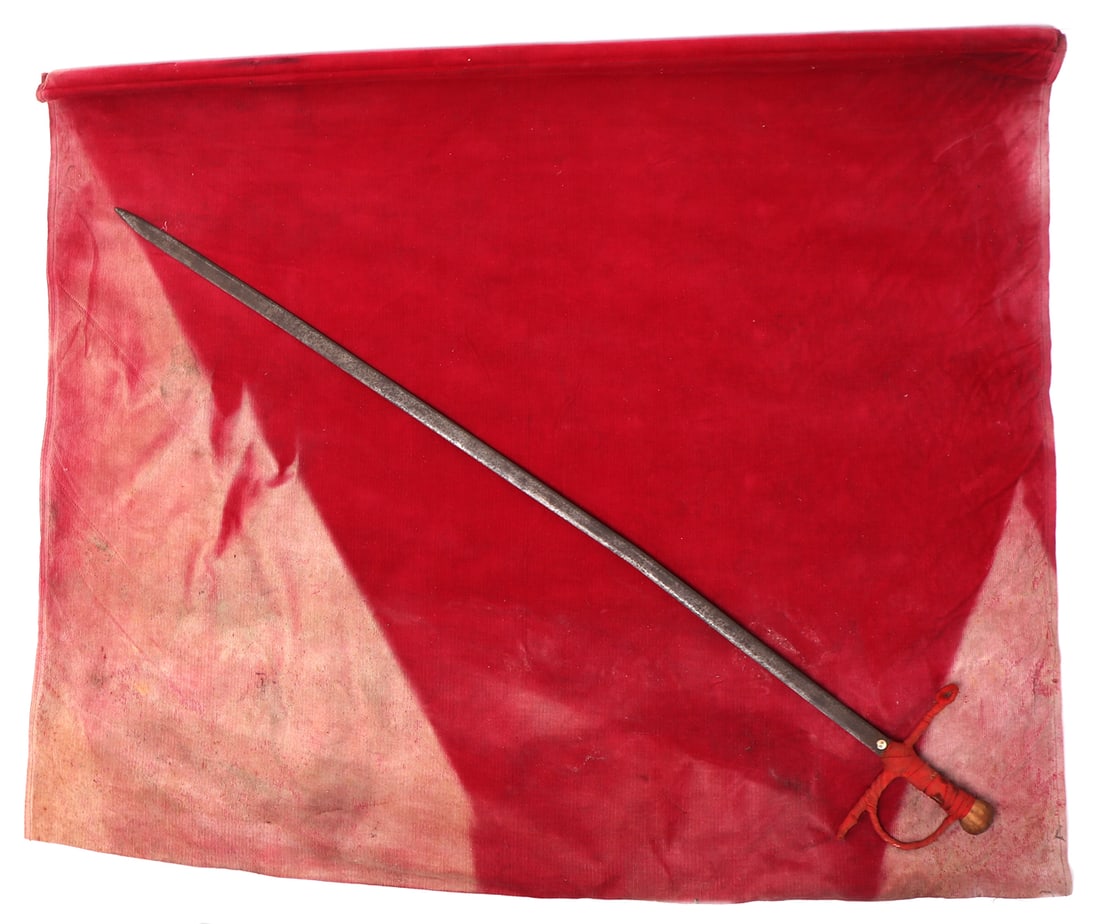 Spanish Dance of Death Sword & Cape: Southern Spain, bullfighter or matador sword and muleta red cape. Rare pairing of the controversial bullfighting traditions, the sword and cape used by the matador in the final rounds of the Dance of