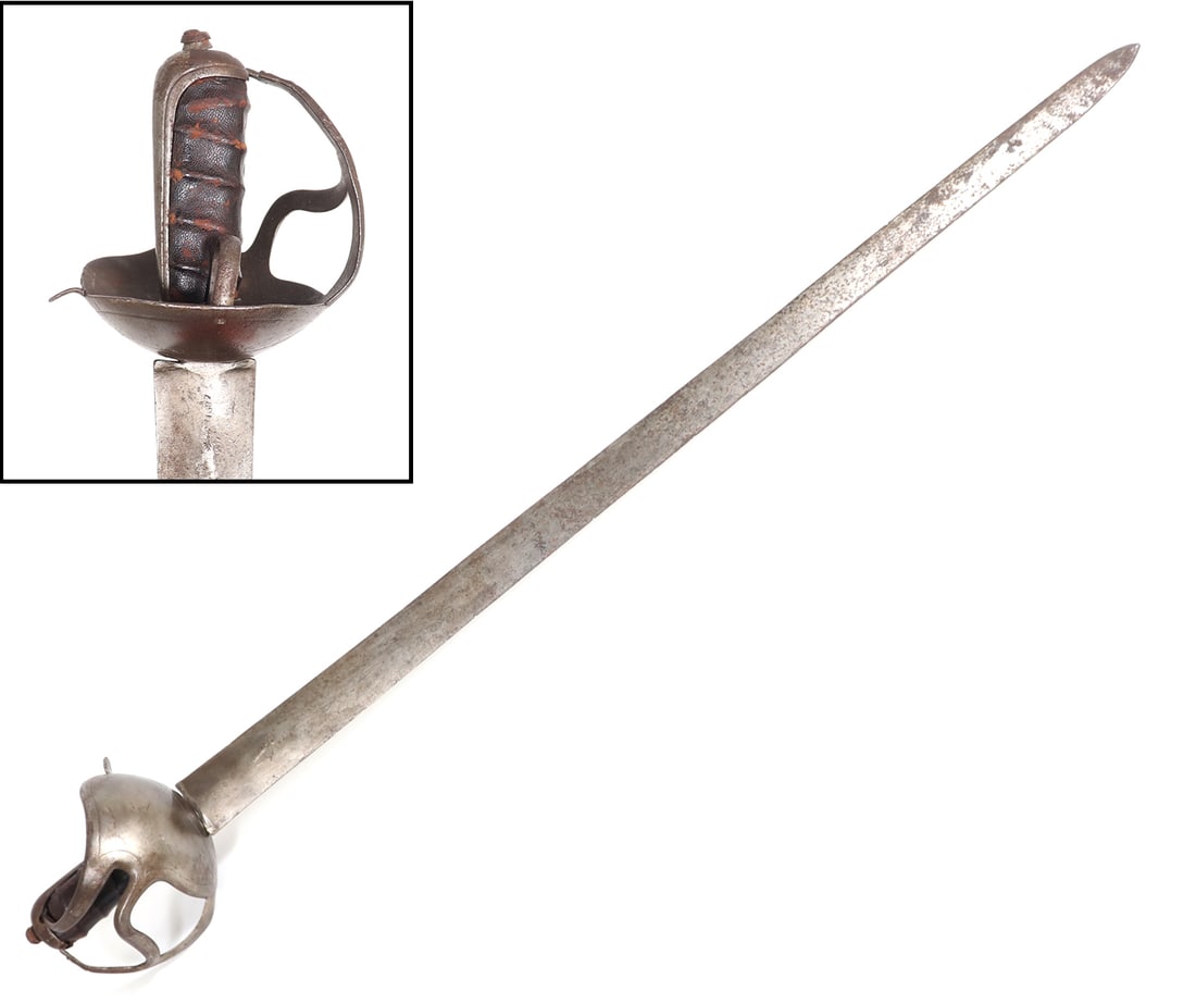 Rare Spanish Military Palash Broad Sword, Early-18th c.: Early 18th C. rare broad sword with a Spanish military basket hilt. Curiously stamped with "R" and crown markings, stamped date 1687. Straight wide double-edged blade that gradually tappers to a