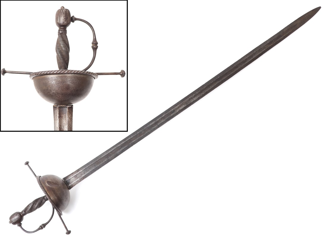 Spanish Colonial Cup Hilt Rapier, 17th c.: Age of Sail, spanish colonial cup hilt rapier with engraved broad blade. Large straight double-edged blade with central shallow wide fuller. Etched to the blade with partially legible inscription