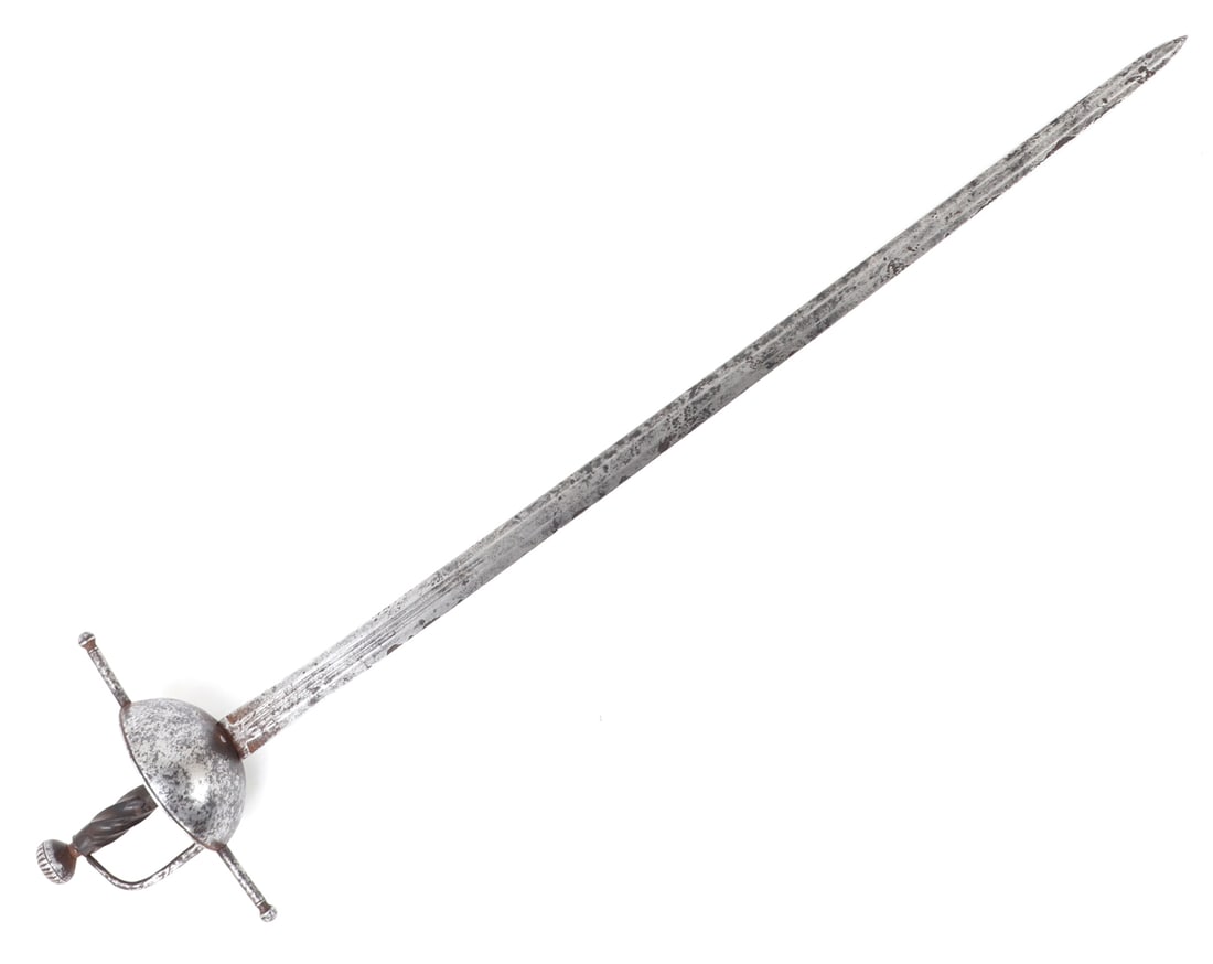 Spanish Colonial Cup Hit Broadsword, 18th c.: Iberian Peninsula, Spain, Spanish Colonial period 18th century cup hilt broadsword. Nice wide nearly 1.5" blade with a triple fuller and double edge straight blade 37" long to the base of the cup.