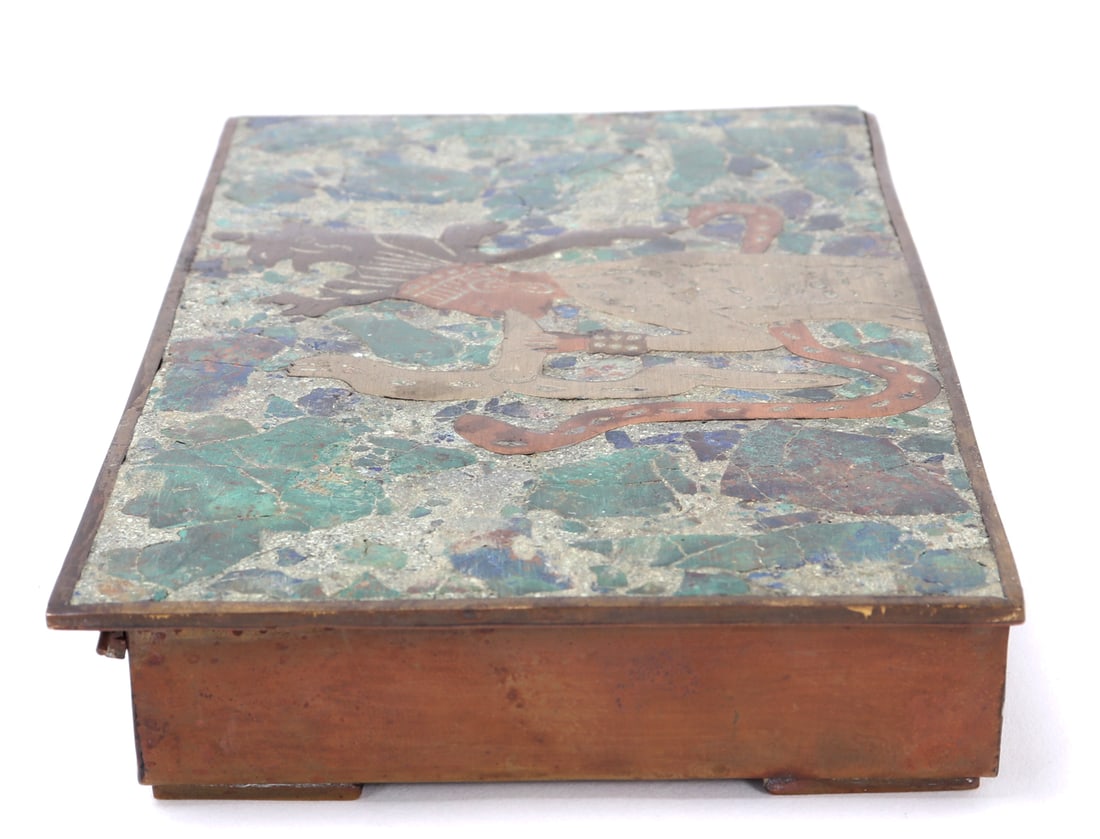 Mixed Media Jewelry Box, Snake Charmer: Beautiful hand crafted jewelry box features a captivating "Snake Charmer" motif, meticulously rendered in mixed media. The top panel showcases a vibrant mosaic of green and blue hues, framing the