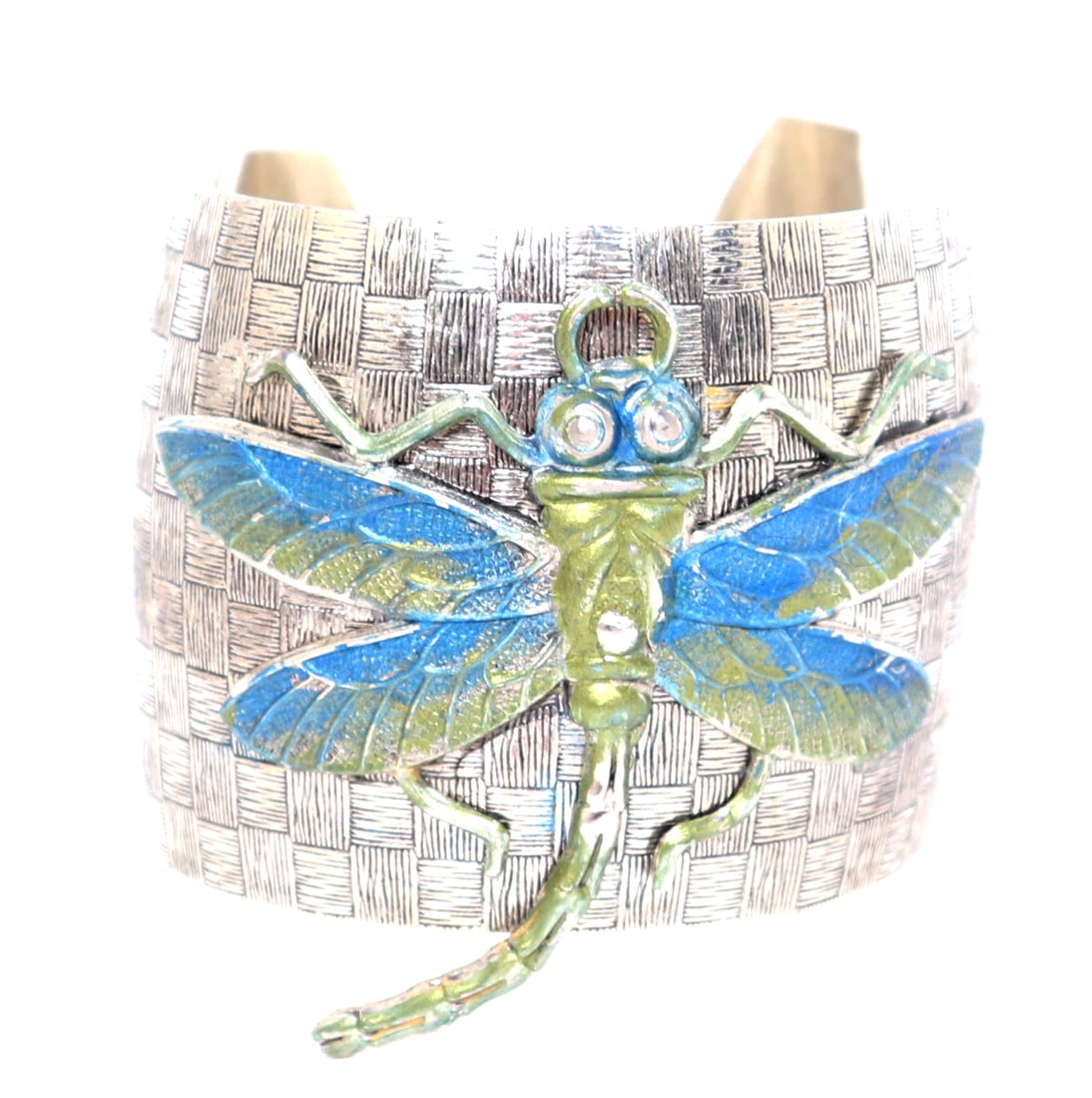 Wonderful Hand Crafted Dragonfly Cuff Bracelet: Handmade dragonfly cuff bracelet. Lovely bright blue and green dragonfly against a basketweave background. Size 1" opening, 2" H overall, 2 1/4" W end to end
