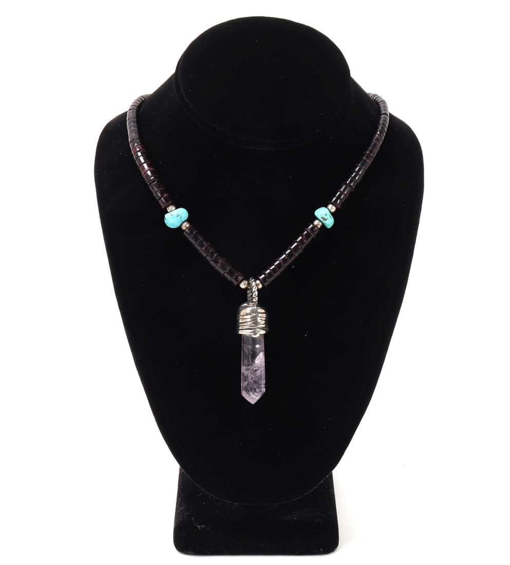 Shell, Turquoise & Crystal Quartz Necklace: Beautiful mixed bead necklace comprised of shell beads, turquoise and a lovely rock crystal quartz terminal pendant with a rope twist drop loop for suspension. Size 17 1/2" L, pendant 2 1/4" L