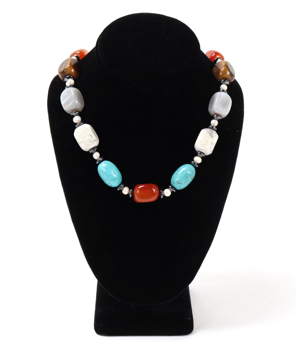 Lovely Hand Crafted Necklace, Mixed Mineral Beads: Gorgeous hand made sterling silver mixed mineral bead necklace. Turquoise, agate, tiger's eye, opal and more. Lovely pearl style pearl spacer beads in between. Size 20" L, Stone 3/4" L