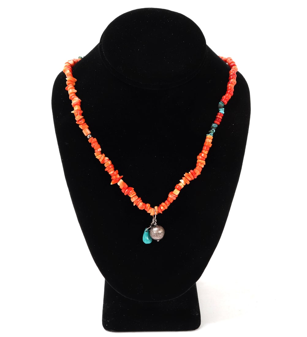 Gorgeous Coral, Shell & Turquoise Necklace: Gorgeous spiny lobster, shell and turquoise necklace with sterling silver bulb as a pendant. Beautiful bright orange and red coloring throughout. Size 26" L, Pendant 1" L