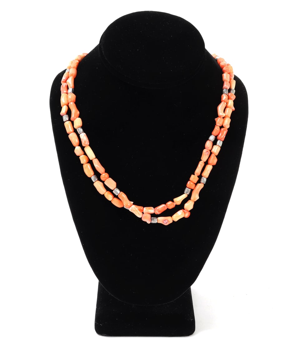 Gorgeous Raw Natural Coral & Shell Bead Necklace: Lovely dual strand coral and shell necklace with sterling silver spacer beads, mixed shaped polished coral sections throughout. Size 20 1/2" L