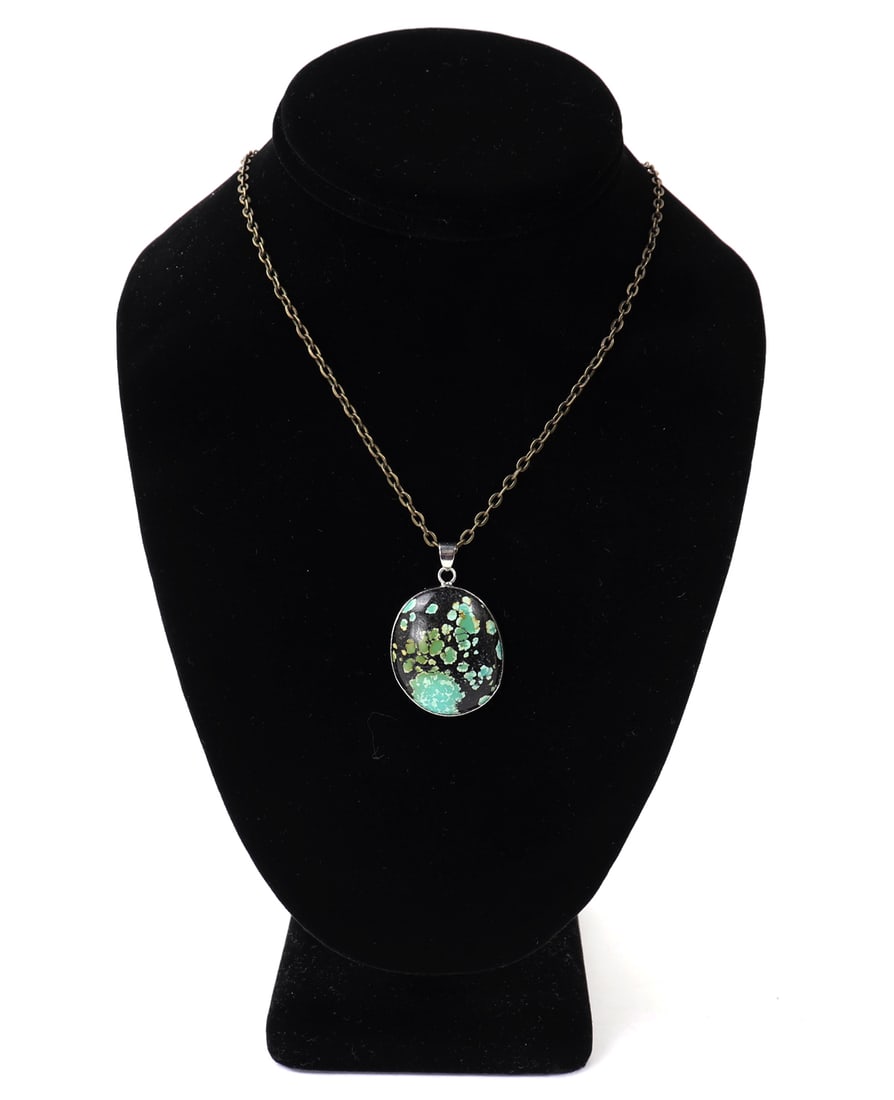 Lovely Large Turquoise in Matrix Pendant Necklace: Large turquoise pendant in matrix with lovely coloring throughout including light green to bright blue. Mounted in an rounded bezel with classic chain. Size 24" L, weight 18g