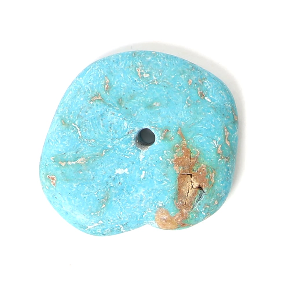 Natural Raw Turquoise Disc Pendant: Lovely disc shaped natural turquoise mineral specimen, drilled to the center for easy suspension. Size 1 3/4" W, 19 grams