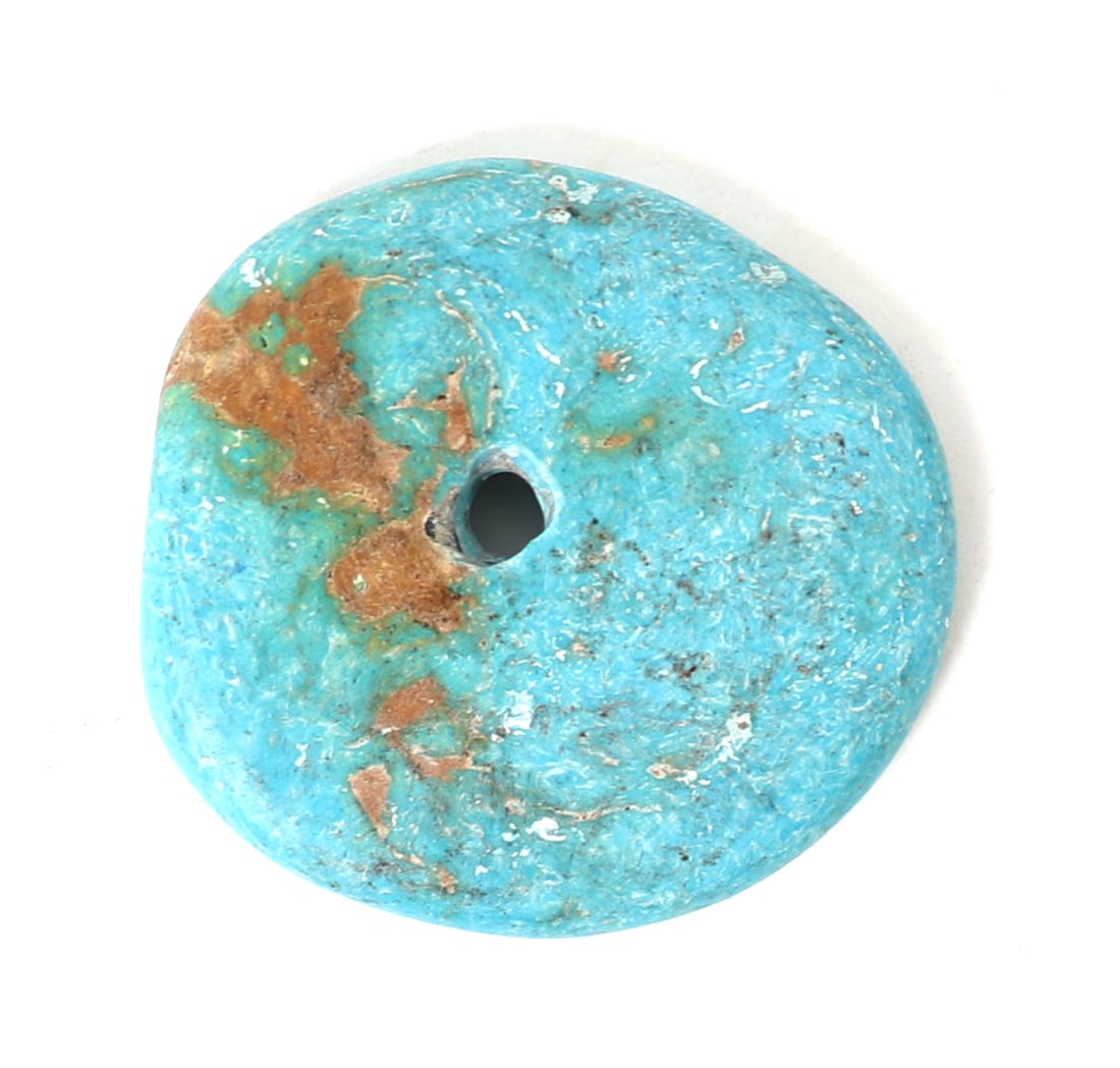 Lovely Turquoise Disc Pendant: Finely shaped raw natural turquoise disc pendant, drilled to the center for easy suspension. Size 1 3/4" W, 24 grams