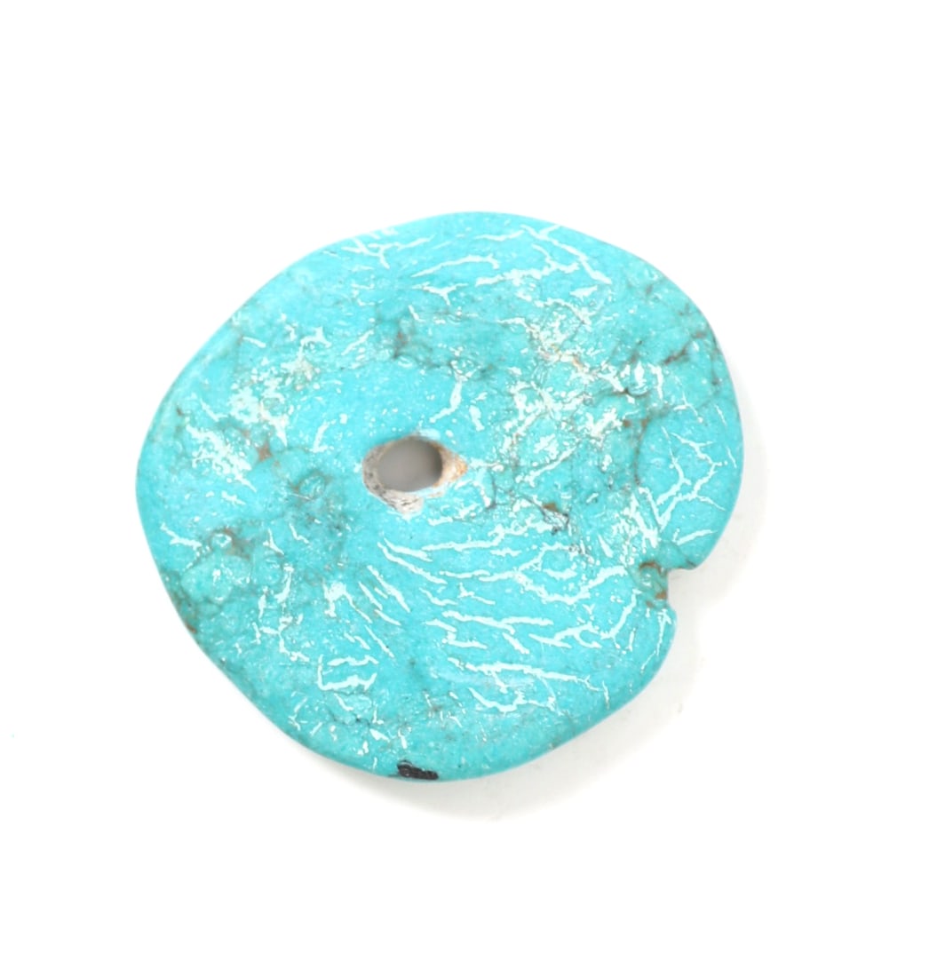 Lovely Natural Turquoise Pendant, 44 Grams: Wonderful disc shaped turquoise pendant, drilled to the center for easy suspension and natural earthen root marks throughout. Size 2 1/2" W, 44 grams