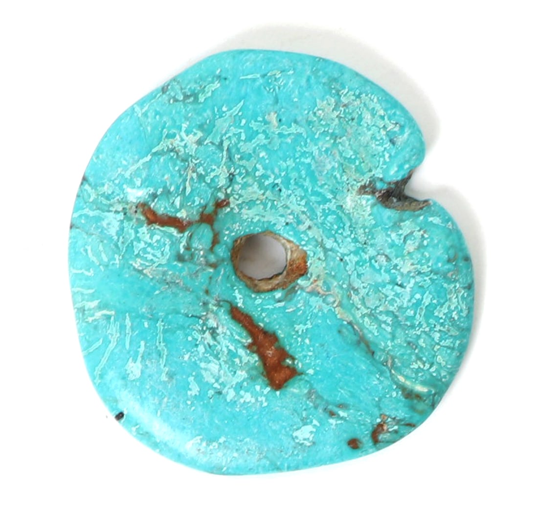 Lovely Natural Turquoise Pendant: Small natural turquoise disc pendant drilled to the center for easy suspension, in a unique shape with natural brown earth roots. Size 1 3/4" W, 14 grams