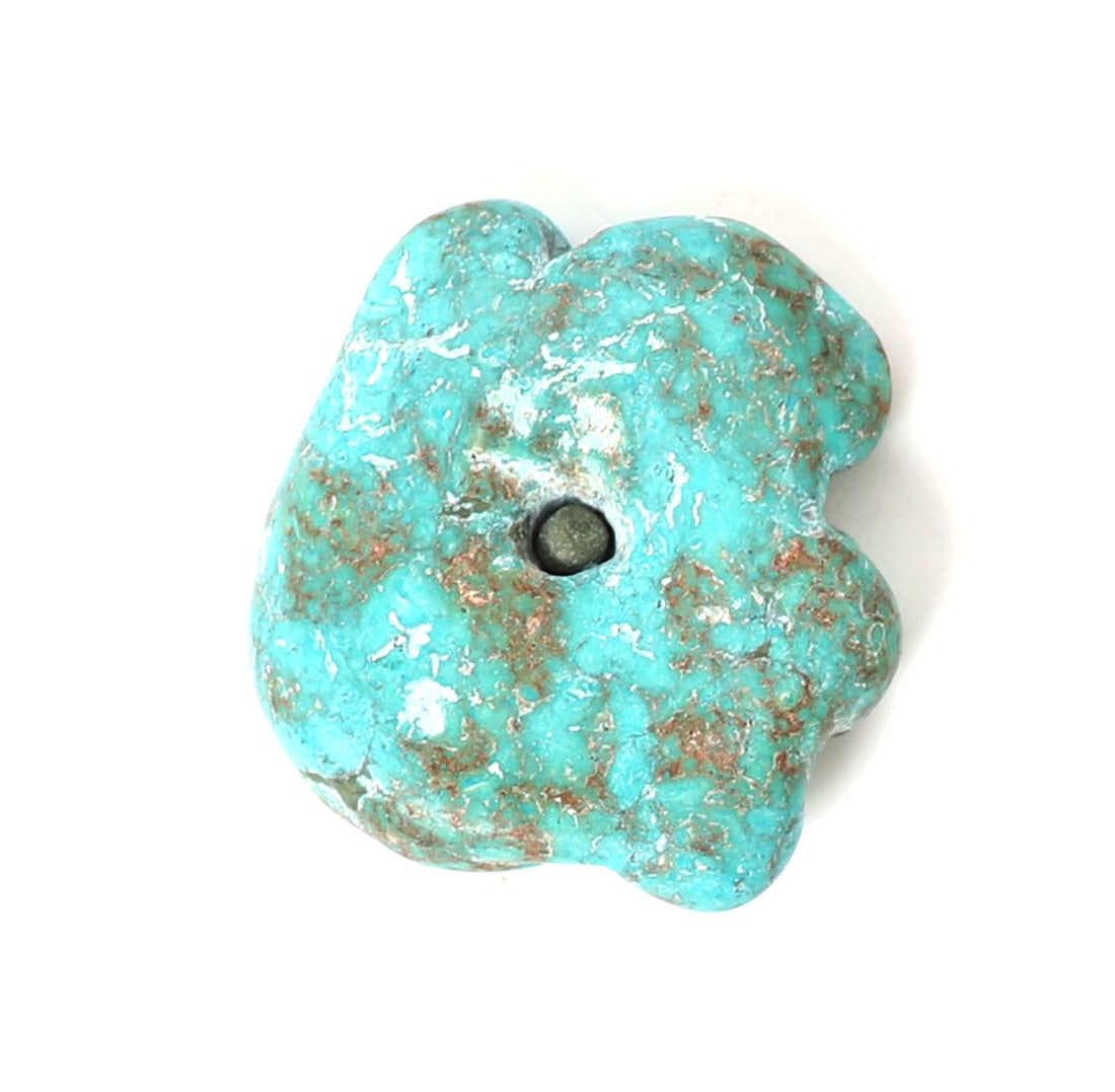 Turquoise Pendant Abstract Form, 44 Grams: Wonderful raw turquoise section fashioned into a pendant. Hole is blocked by a strange earthen deposit easily removed to make it wearable. Size 2" W, 44 grams