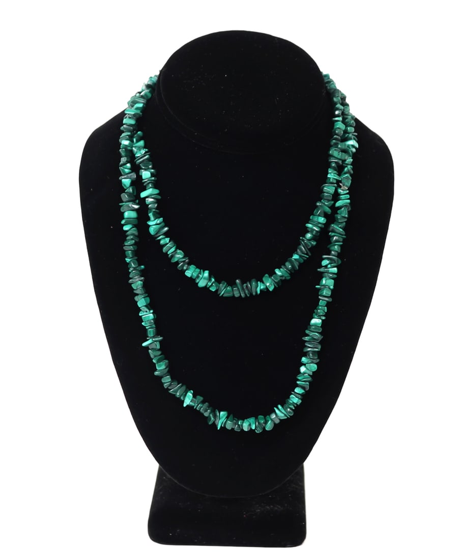 Chipped Malachite Bead Necklace: Lovely long strand of chipped malachite fashioned into beads with incredible natural malachite green coloring throughout. Varying from light green to dark green throughout. Can be wrapped like a dual 