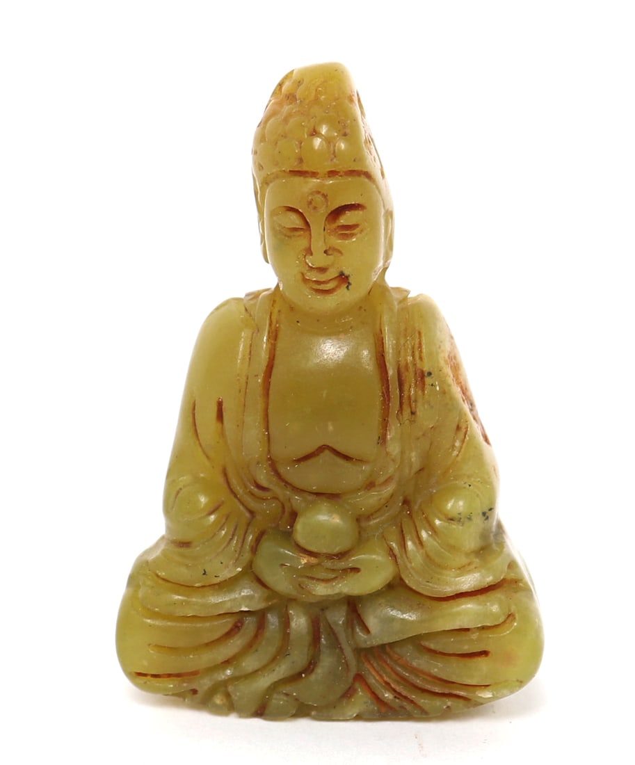 Chinese Green Jade Style Buddha Pendant: Lovely carved seated Chinese buddha, depicted seated with a bowl in his hands, clasped and resting on his lap.Pierced through the head for suspension. Size 2 1/4" H