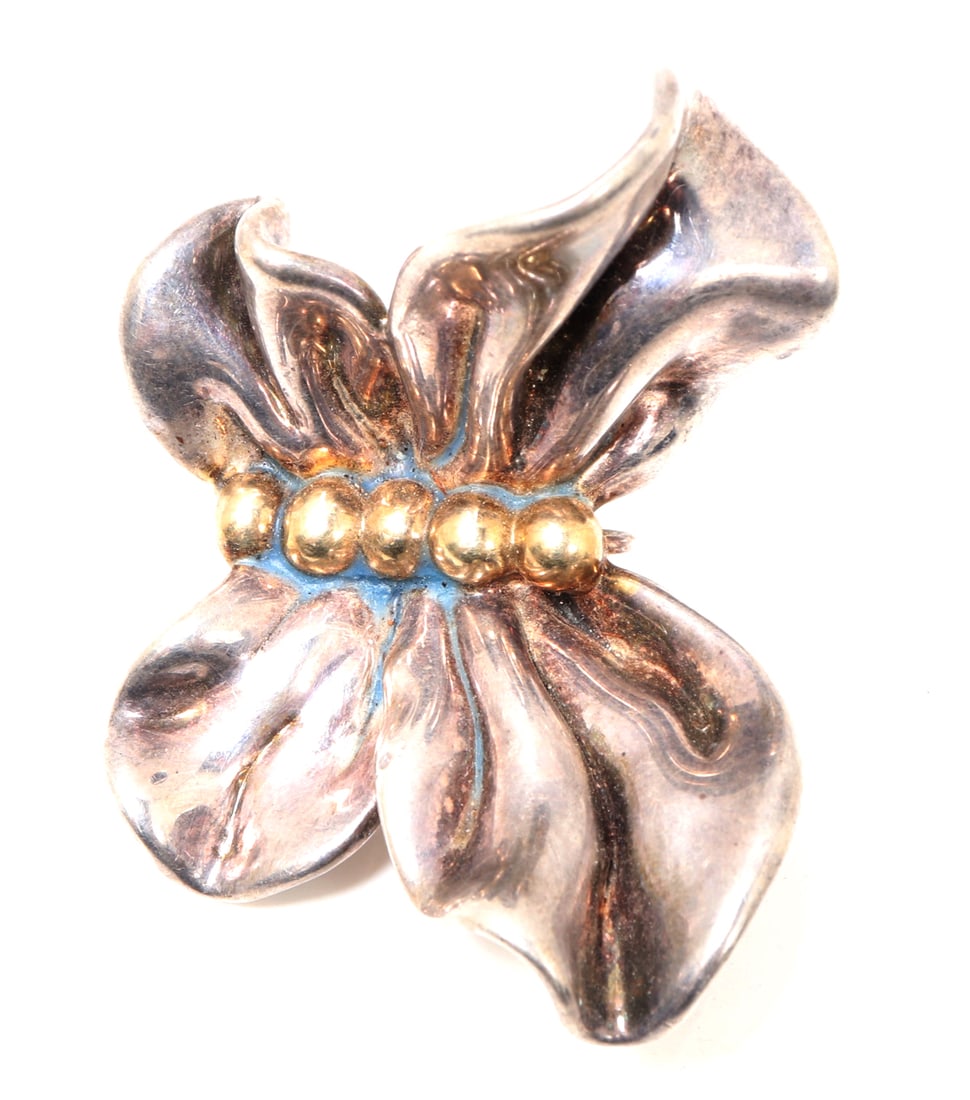 Beautiful Sterling Silver Hand Made Butterfly Pin: Wonderfully hand crafted sterling silver butterfly with applied gilt beads as the body. Marked and signed to the underside. Size 1 1/2" L x 1 1/2" W weight 23g