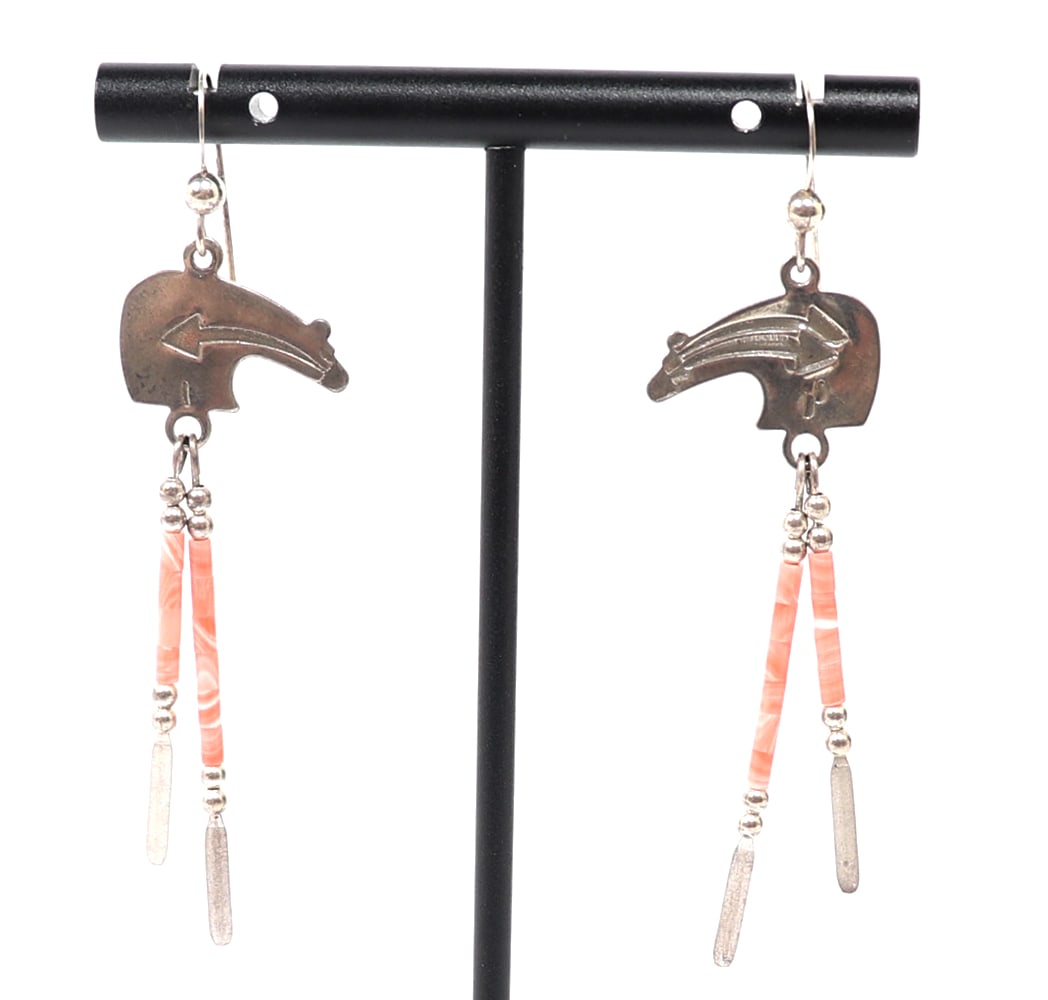 Lovely Pair of Zuni Bear Earrings: Beautiful Native American silver cut into bear shapes with arrows on each side. Marbled coral tubular beads, with silver added beads and accents. Size 2" L