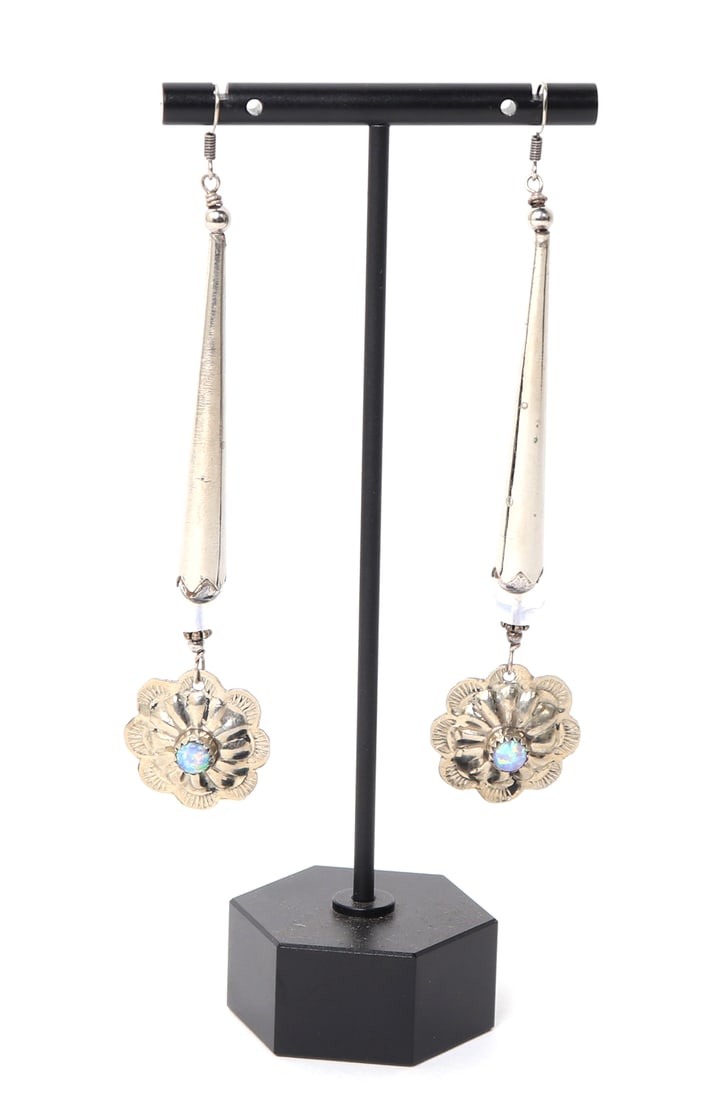 Stunning Fire Opal & Sterling Silver Earrings: Handmade sterling silver drop earrings with fire opal centered flowers. Lightweight with exquisite details throughout. Size 3 1/2" H